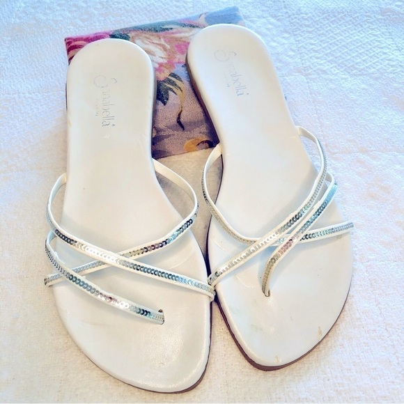 Sanabella Sandal White Silver Sequin Strap Flip Flop Italian Made size 8 US 38EU - Picture 1 of 15